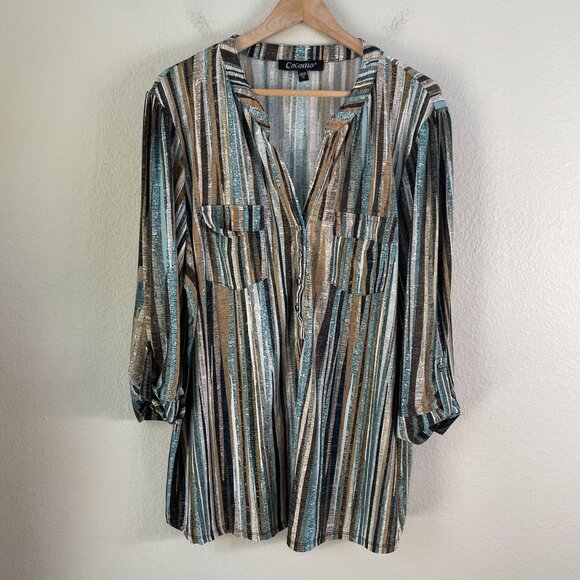 Cocomo Womens Plus 2X Striped Shirt Stretch Tunic Top Roll Tab Sleeve V Neck - Picture 6 of 9